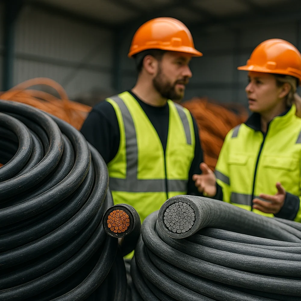 Två medarbetare i varselkläder och hjälm diskuterar återvinning framför buntar med grovt kabelskrot hos Cable Tech i Norrbotten