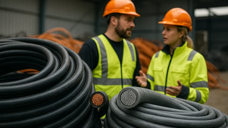 Två medarbetare i varselkläder och hjälm diskuterar återvinning framför buntar med grovt kabelskrot hos Cable Tech i Norrbotten