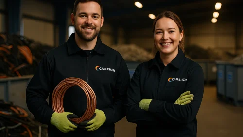 Två medarbetare från Cable Tech visar upp återvunnet kabelskrot i form av koppartråd