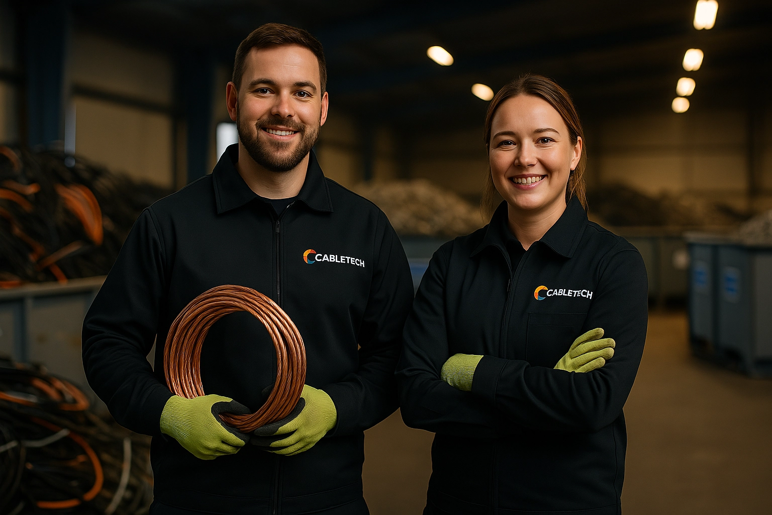 Två medarbetare från Cable Tech visar upp återvunnet kabelskrot i form av koppartråd