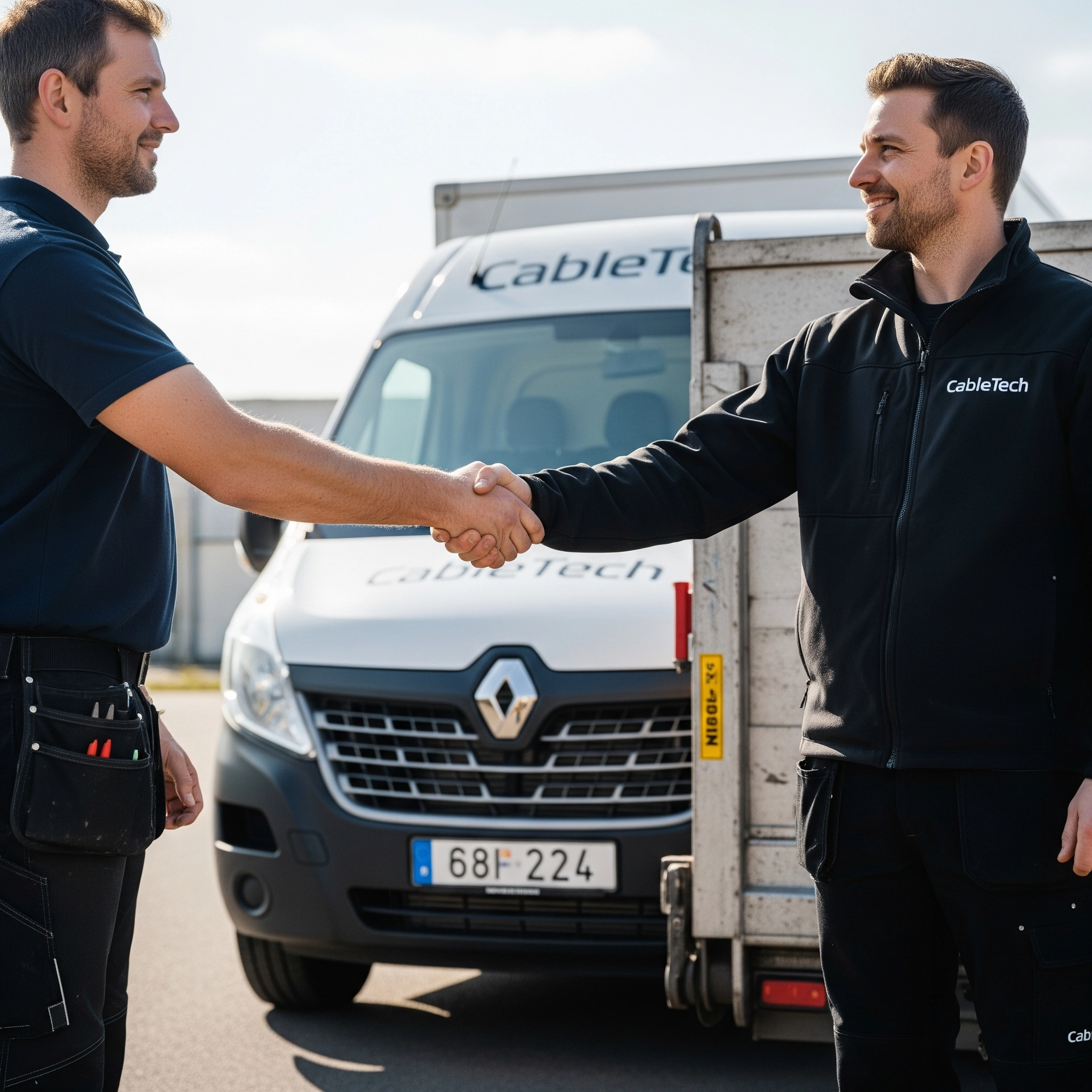 Bild symboliserar hämtning av kabelskrot mellan två nöjda personer